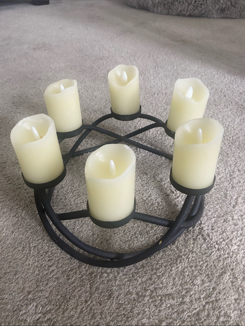 Ivory LED Pillar Candle Wreath Centerpiece on Black Metal Holder